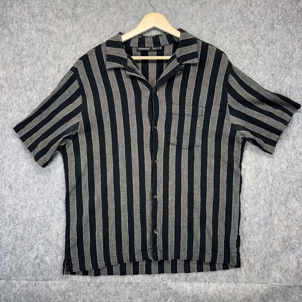 Standard Cloth Loop Collar Shirt Men's Medium Gauzy Cotton Striped Black Gray